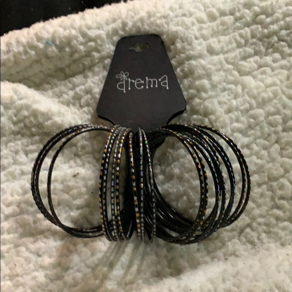 Black bangle bracelets w/ silver and gold